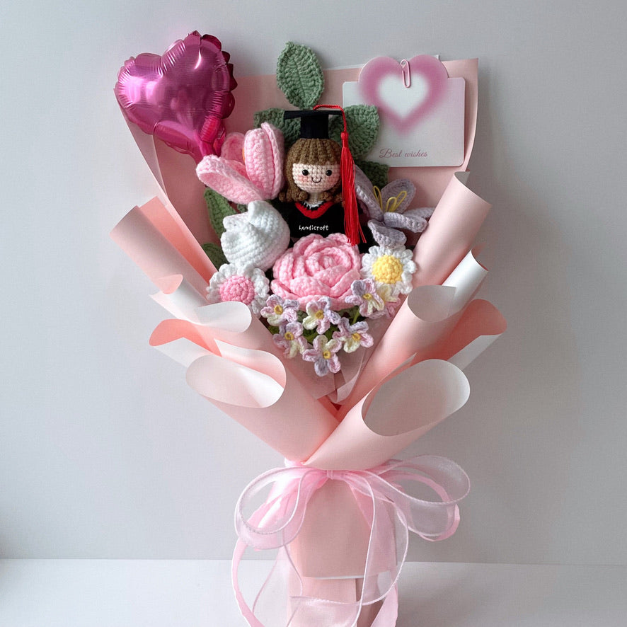 handicroft handmade crochet graduation pastel pink purple flower bouquet blushing success