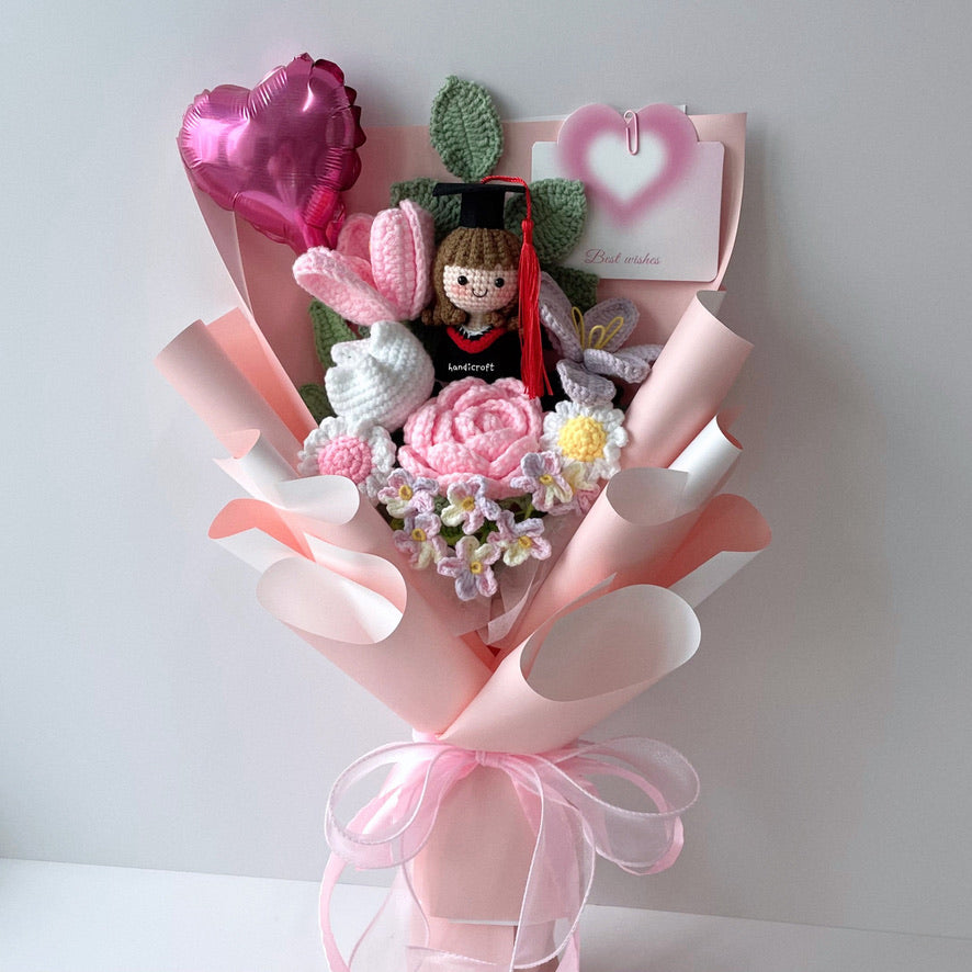 handicroft handmade crochet graduation pastel pink purple flower bouquet blushing success