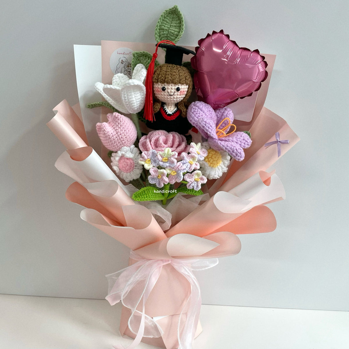 handicroft handmade crochet graduation pastel pink purple flower bouquet blushing success