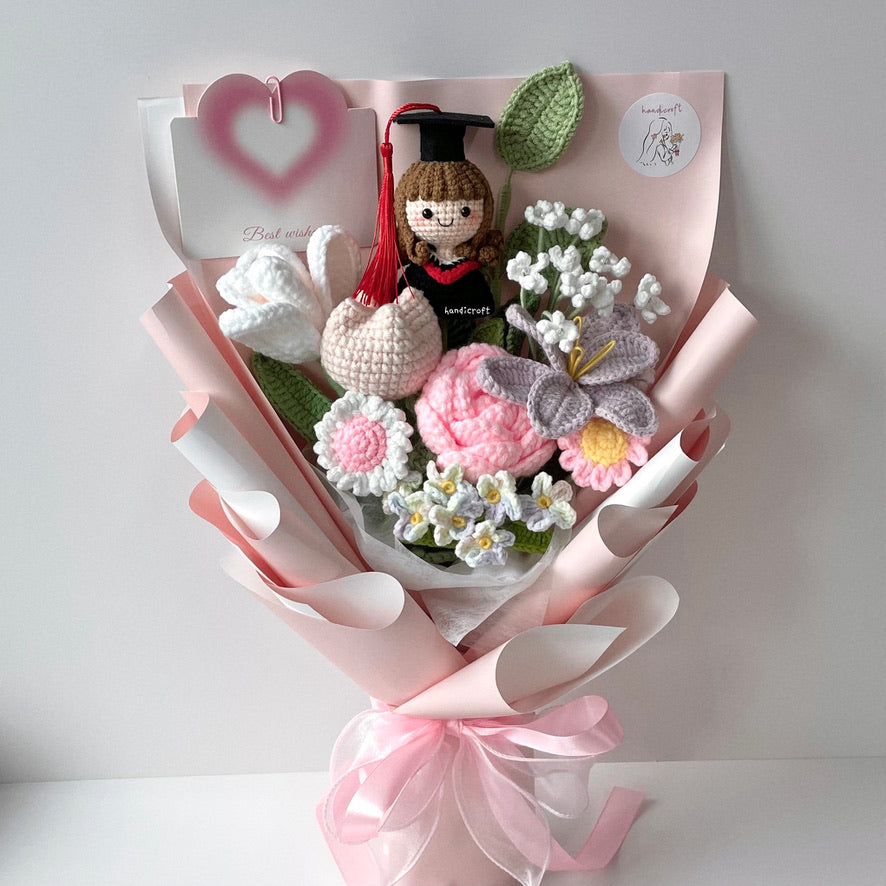 handicroft handmade crochet graduation pastel pink purple flower bouquet blushing success