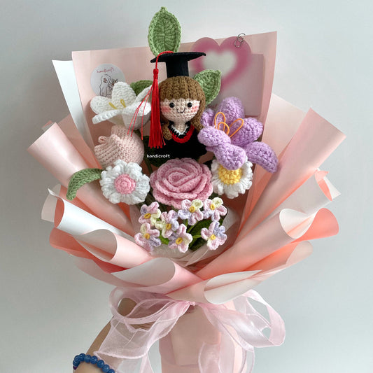 handicroft handmade crochet graduation pastel pink purple flower bouquet blushing success