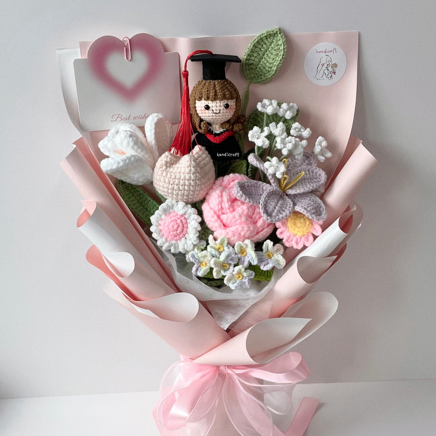 handicroft handmade crochet graduation pastel pink purple flower bouquet blushing success