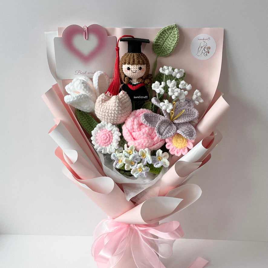 handicroft handmade crochet graduation pastel pink purple flower bouquet blushing success