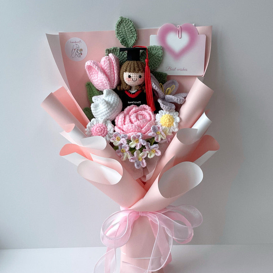 handicroft handmade crochet graduation pastel pink purple flower bouquet blushing success