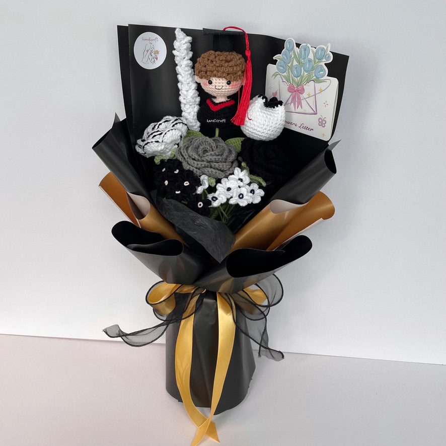 handicroft handmade crochet graduation special black & white monochrome flower bouquet shadow & shine