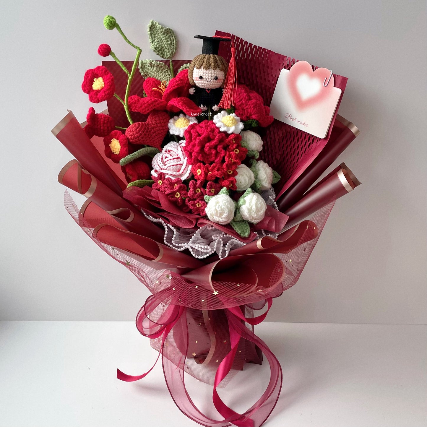 handicroft handmade crochet graduation special red flower bouquet no red-grads