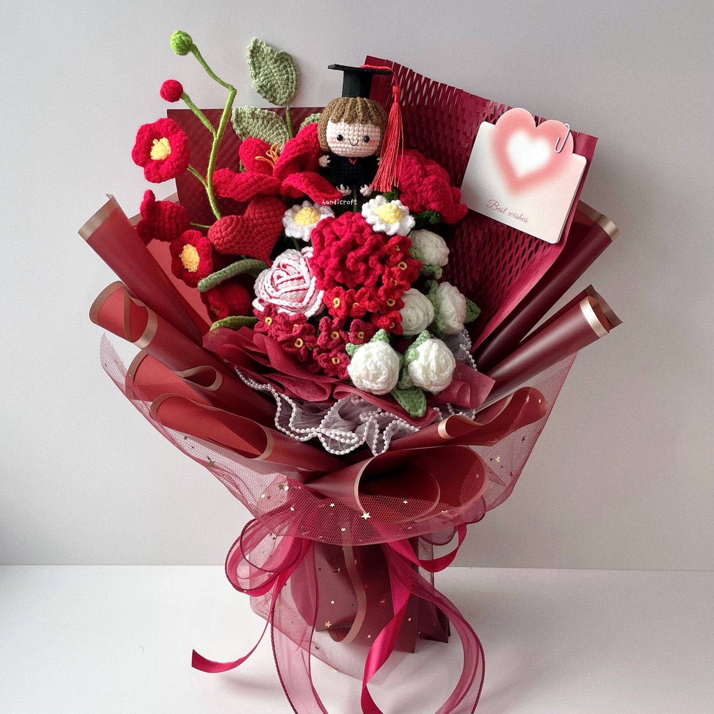 handicroft handmade crochet graduation special red flower bouquet no red-grads