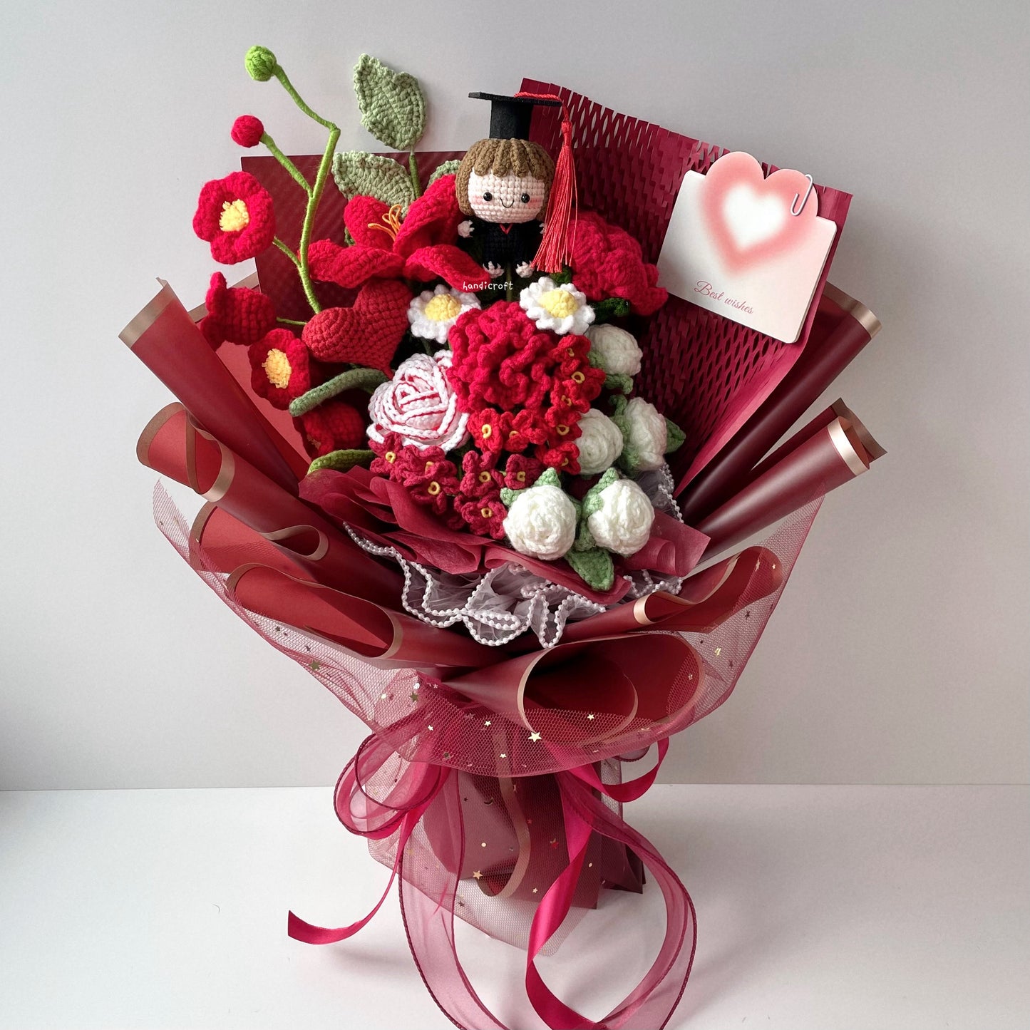 handicroft handmade crochet graduation special red flower bouquet no red-grads