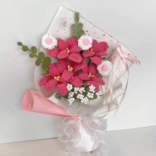 handicroft handmade crochet hot pink open tulips flower bouquet sweet obsession