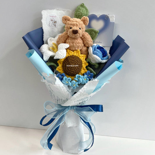 handicroft handmade crochet jellycat-inspired bartholomew bear flower bouquet beary special blue