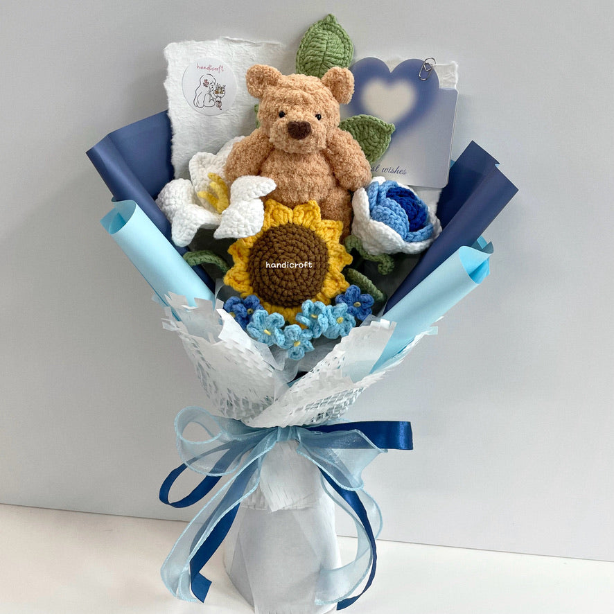 handicroft handmade crochet jellycat-inspired bartholomew bear flower bouquet beary special blue