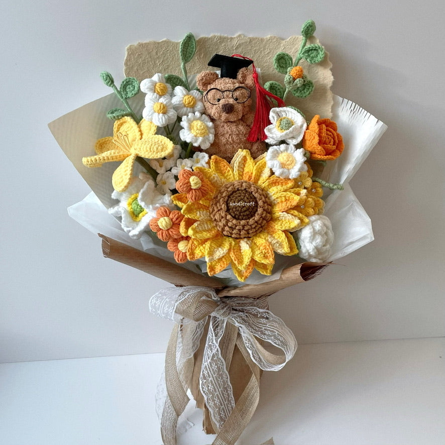 handicroft handmade crochet jellycat-inspired bartholomew bear graduation flower bouquet a bear-y proud moment