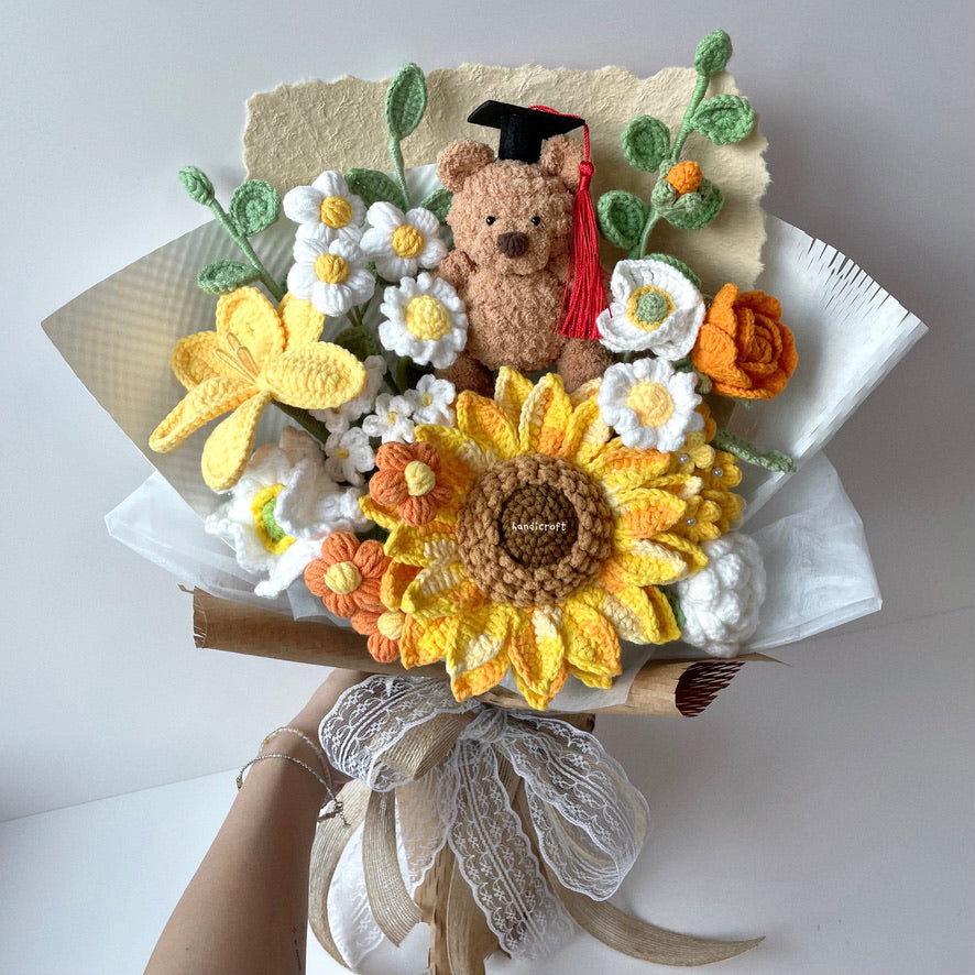handicroft handmade crochet jellycat-inspired bartholomew bear graduation flower bouquet a bear-y proud moment