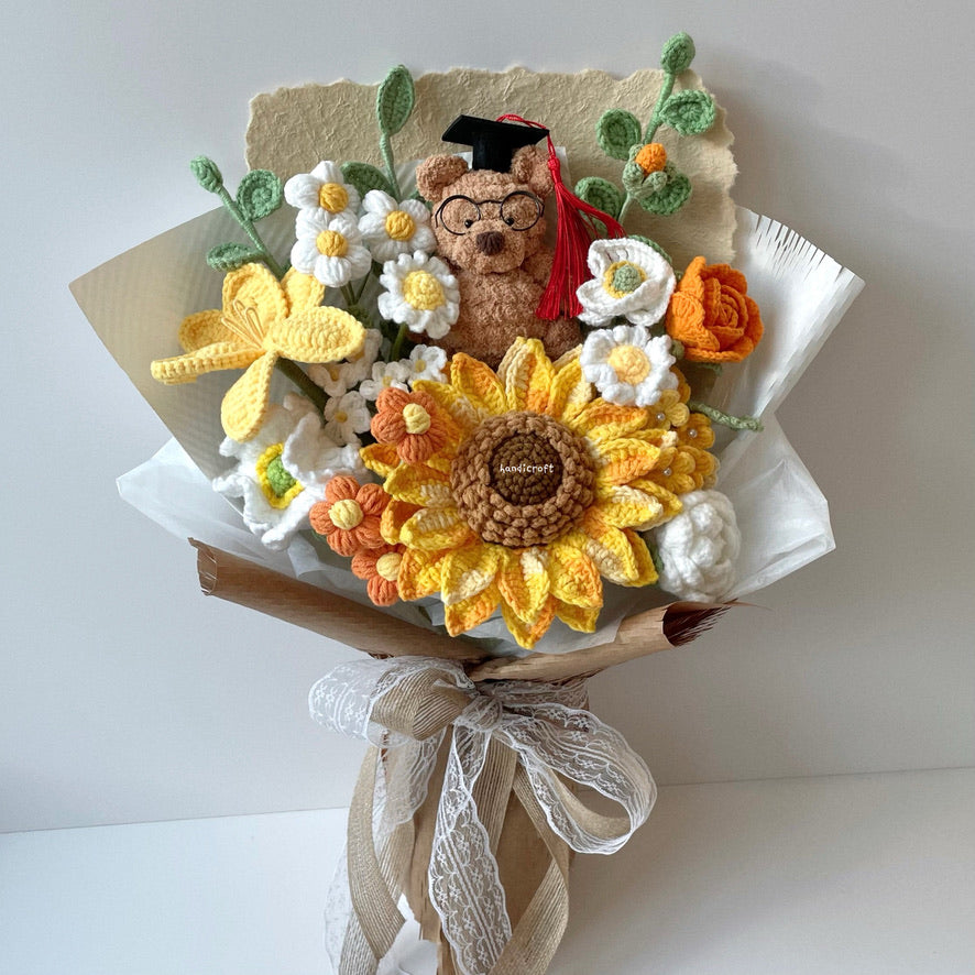 handicroft handmade crochet jellycat-inspired bartholomew bear graduation flower bouquet a bear-y proud moment