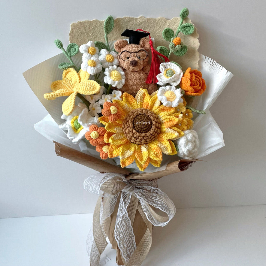handicroft handmade crochet jellycat-inspired bartholomew bear graduation flower bouquet a bear-y proud moment