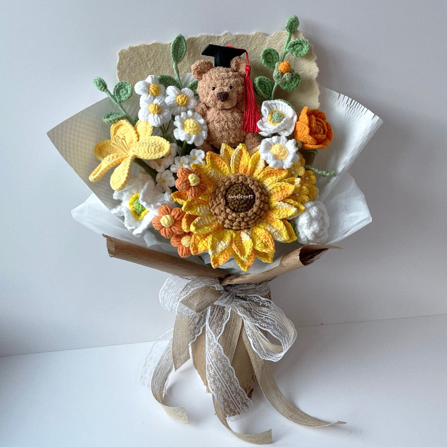 handicroft handmade crochet jellycat-inspired bartholomew bear graduation flower bouquet a bear-y proud moment