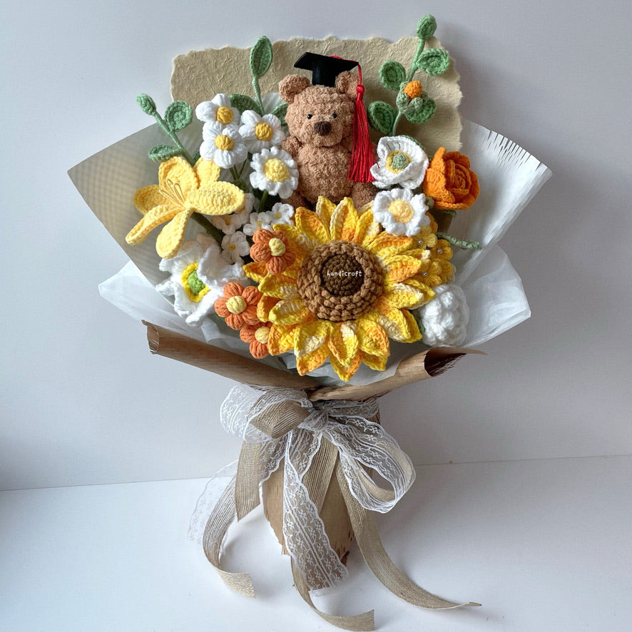 handicroft handmade crochet jellycat-inspired bartholomew bear graduation flower bouquet a bear-y proud moment