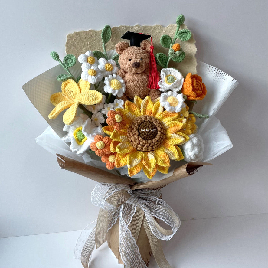 handicroft handmade crochet jellycat-inspired bartholomew bear graduation flower bouquet a bear-y proud moment