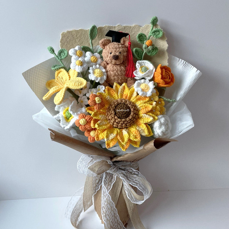 handicroft handmade crochet jellycat-inspired bartholomew bear graduation flower bouquet a bear-y proud moment