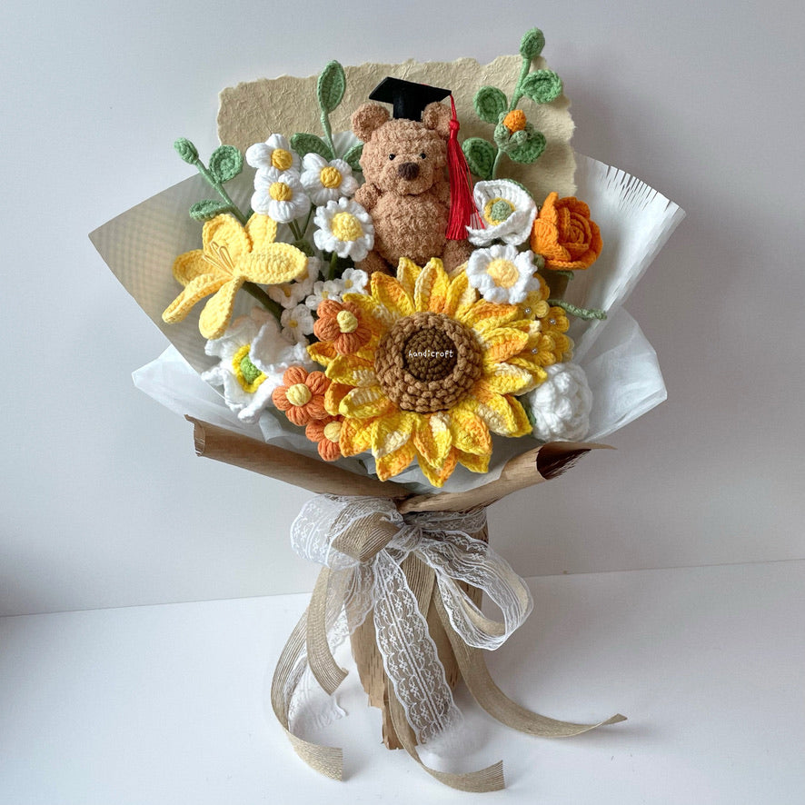 handicroft handmade crochet jellycat-inspired bartholomew bear graduation flower bouquet a bear-y proud moment