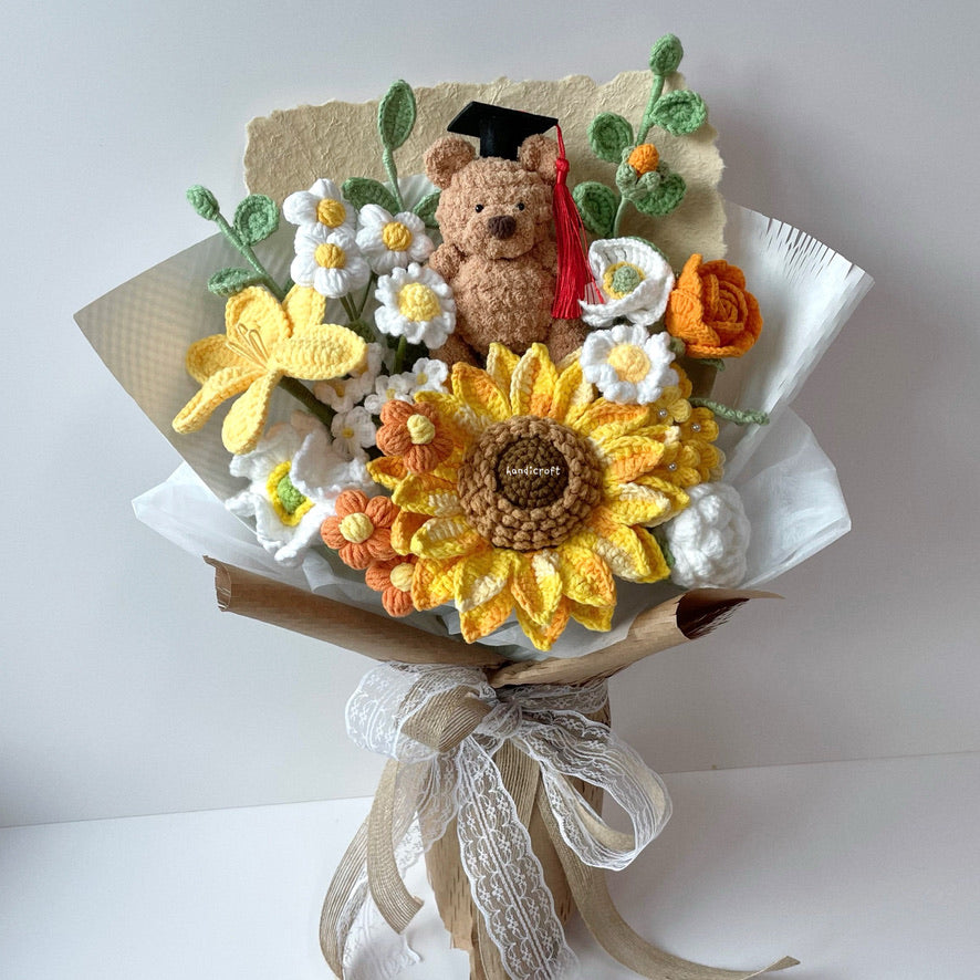 handicroft handmade crochet jellycat-inspired bartholomew bear graduation flower bouquet a bear-y proud moment