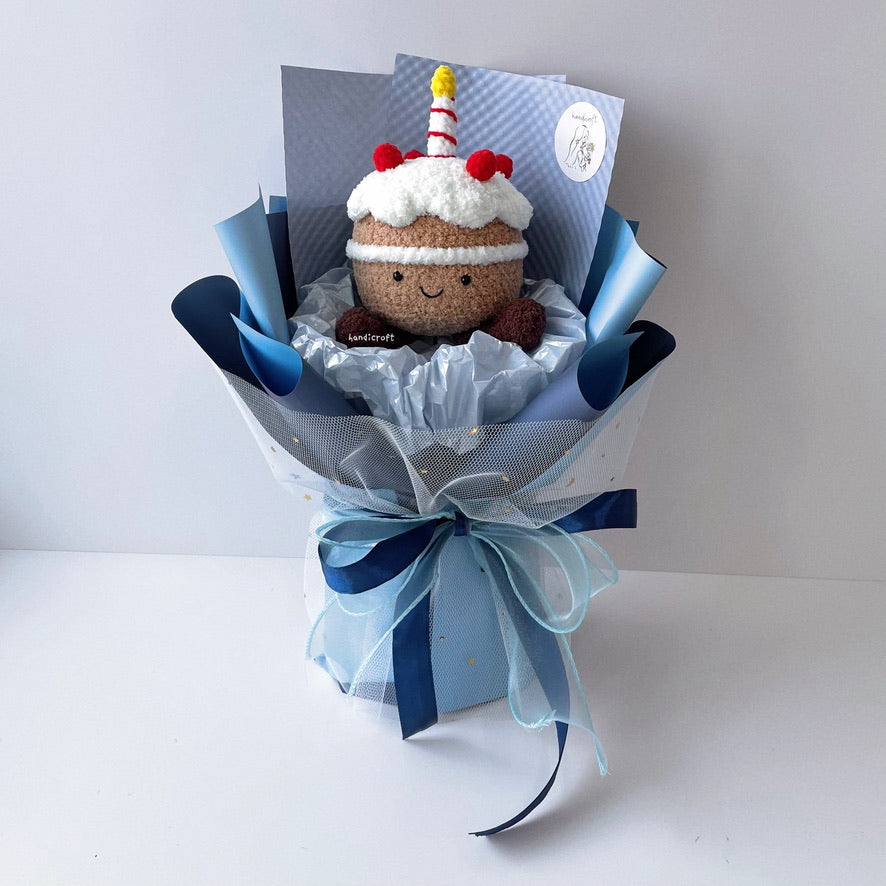handicroft handmade crochet jellycat inspired cake flower bouquet blue