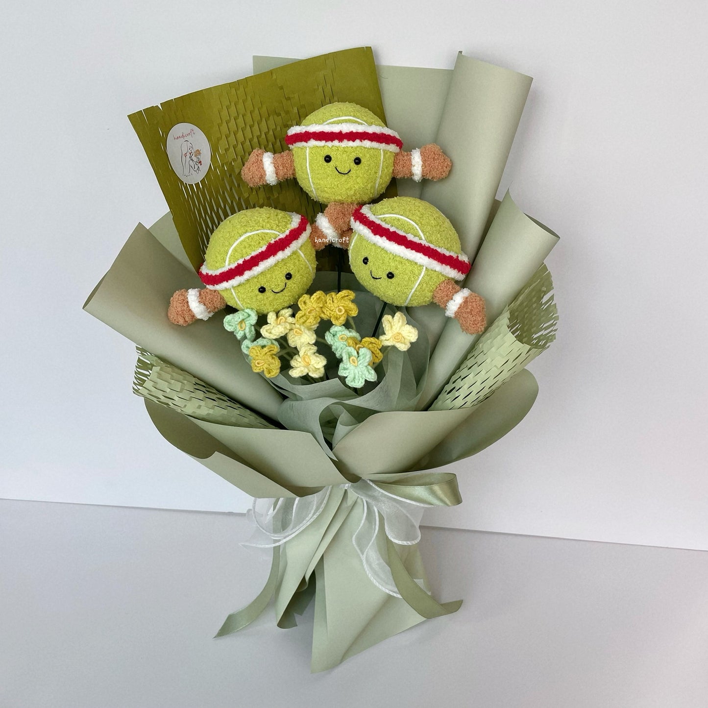 handicroft handmade crochet jellycat inspired tennis ball green flower bouquet game, set, bloom