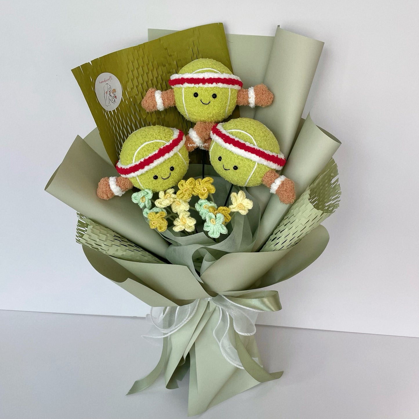 handicroft handmade crochet jellycat inspired tennis ball green flower bouquet game, set, bloom