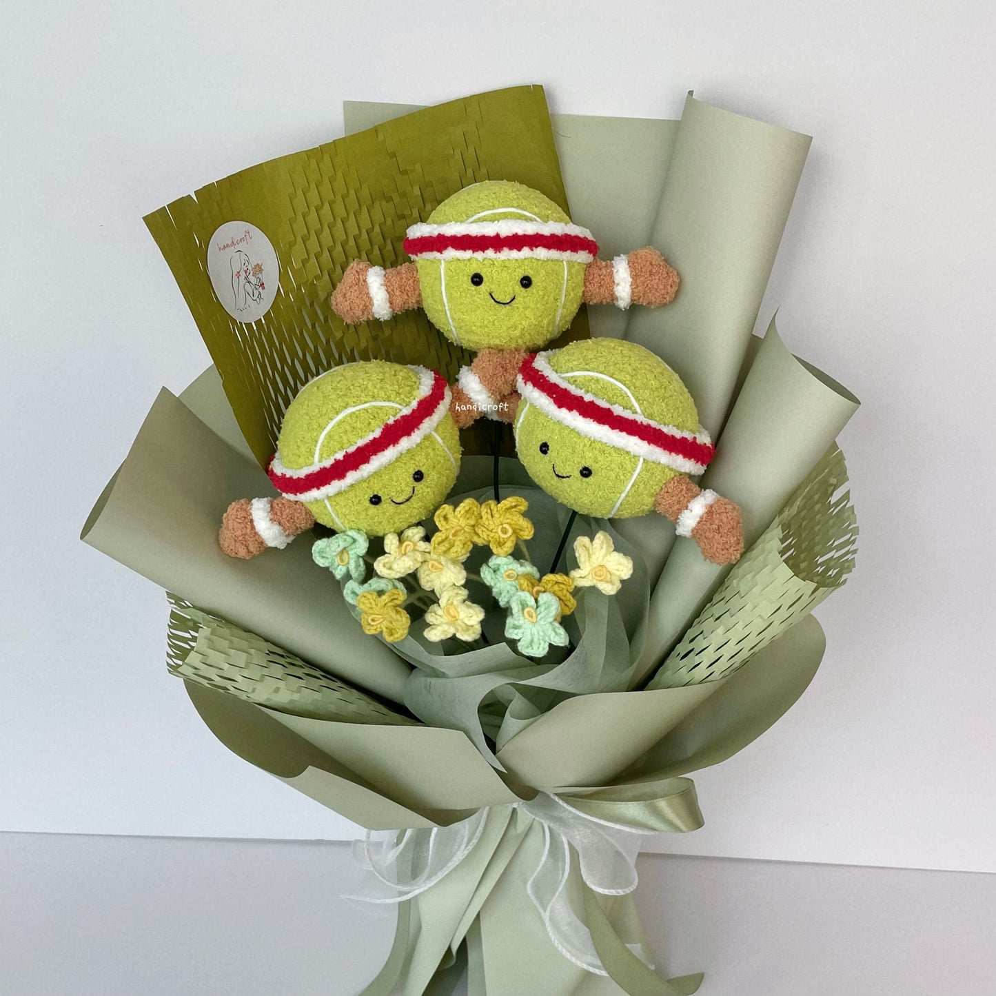 handicroft handmade crochet jellycat inspired tennis ball green flower bouquet game, set, bloom