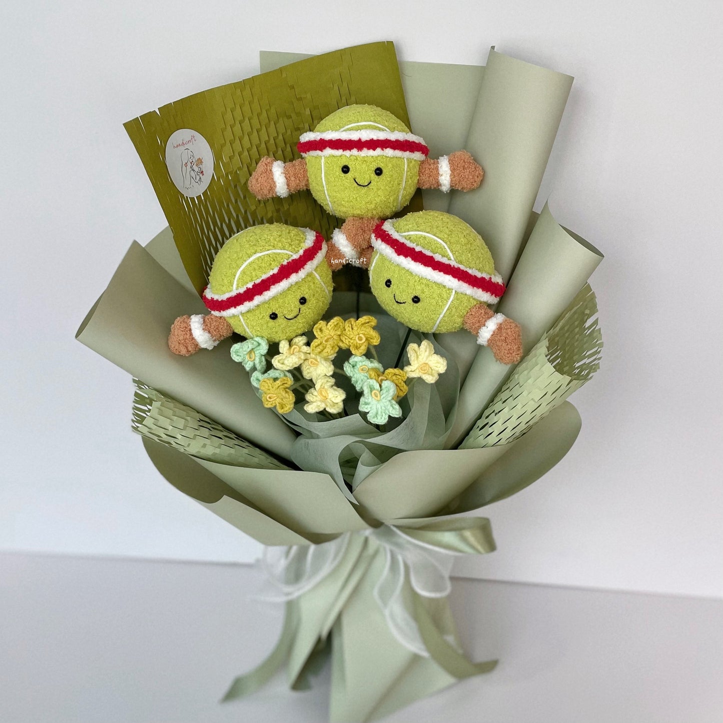 handicroft handmade crochet jellycat inspired tennis ball green flower bouquet game, set, bloom