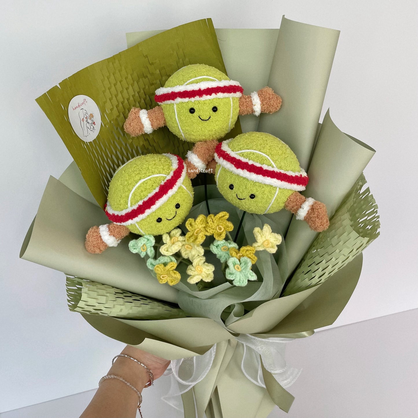 handicroft handmade crochet jellycat inspired tennis ball green flower bouquet game, set, bloom