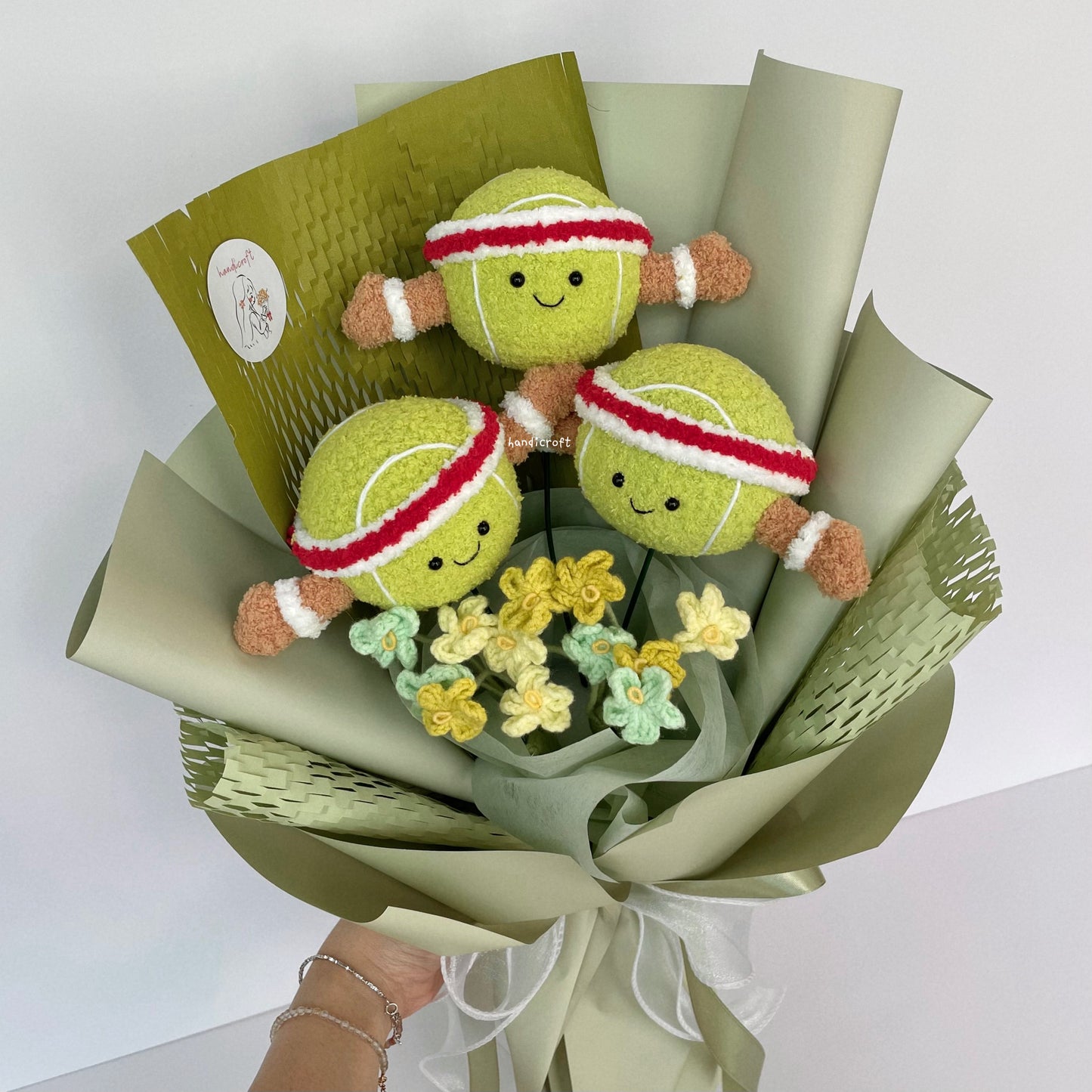 handicroft handmade crochet jellycat inspired tennis ball green flower bouquet game, set, bloom