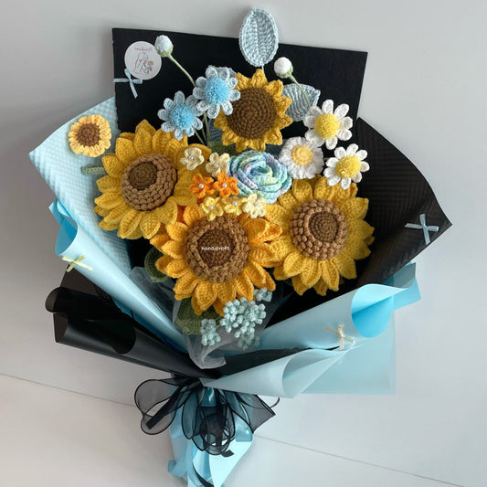 handicroft handmade crochet jumbo sunflower bouquet golden trio blue