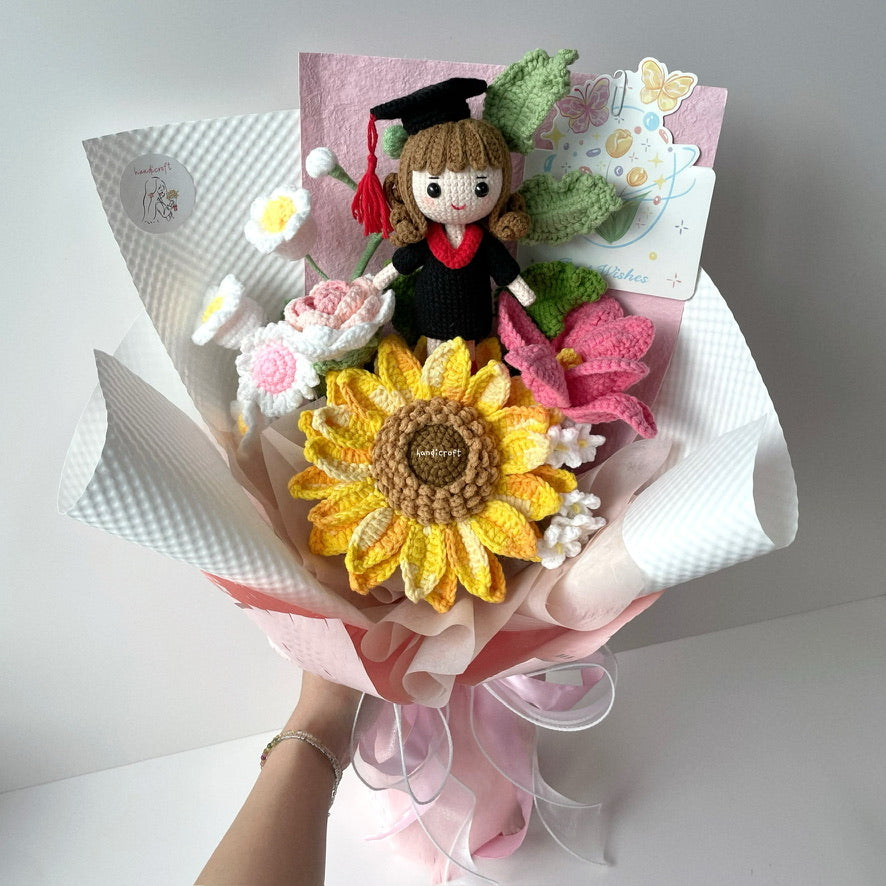 handicroft handmade crochet jumbo sunflower graduation bouquet steps & stories