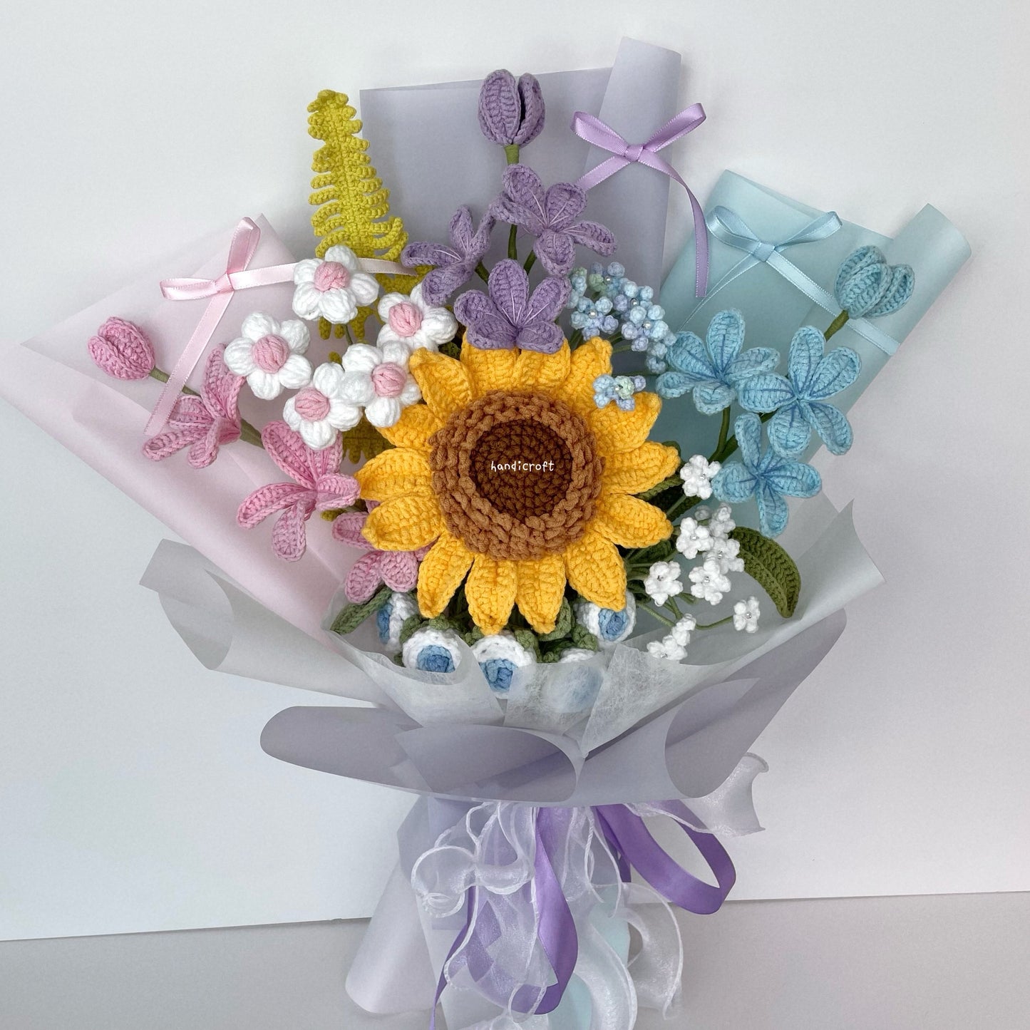 handicroft handmade crochet jumbo sunflower pastel pink purple blue flower bouquet pastel sunshine