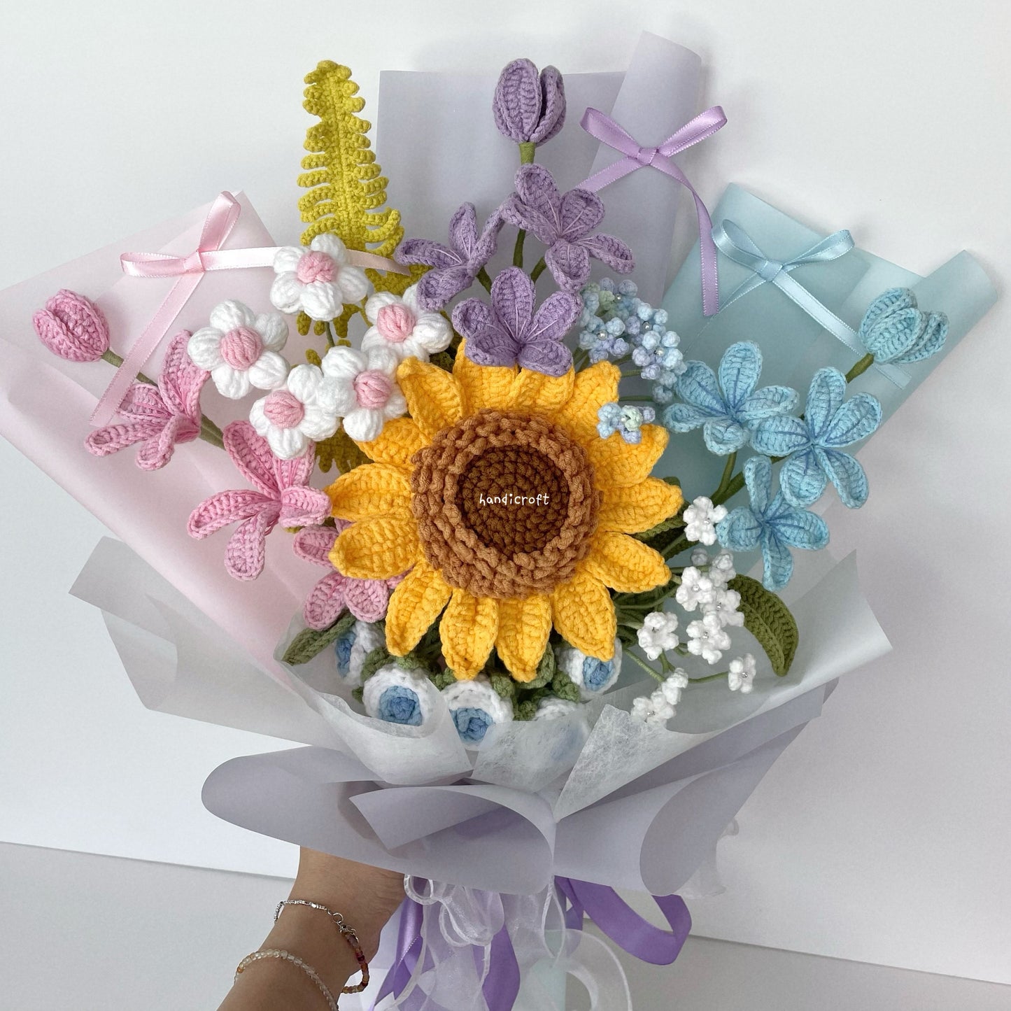 handicroft handmade crochet jumbo sunflower pastel pink purple blue flower bouquet pastel sunshine