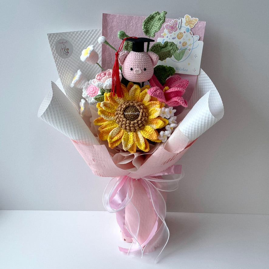 handicroft handmade crochet jumbo sunflower pig flower bouquet oink & onward pink