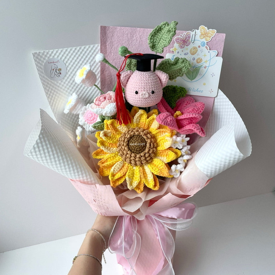 handicroft handmade crochet jumbo sunflower pig flower bouquet oink & onward pink