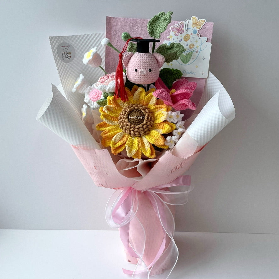 handicroft handmade crochet jumbo sunflower pig flower bouquet oink & onward pink