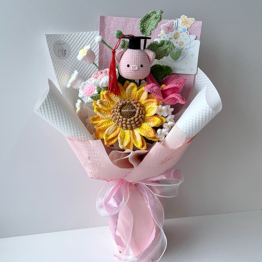 handicroft handmade crochet jumbo sunflower pig flower bouquet oink & onward pink