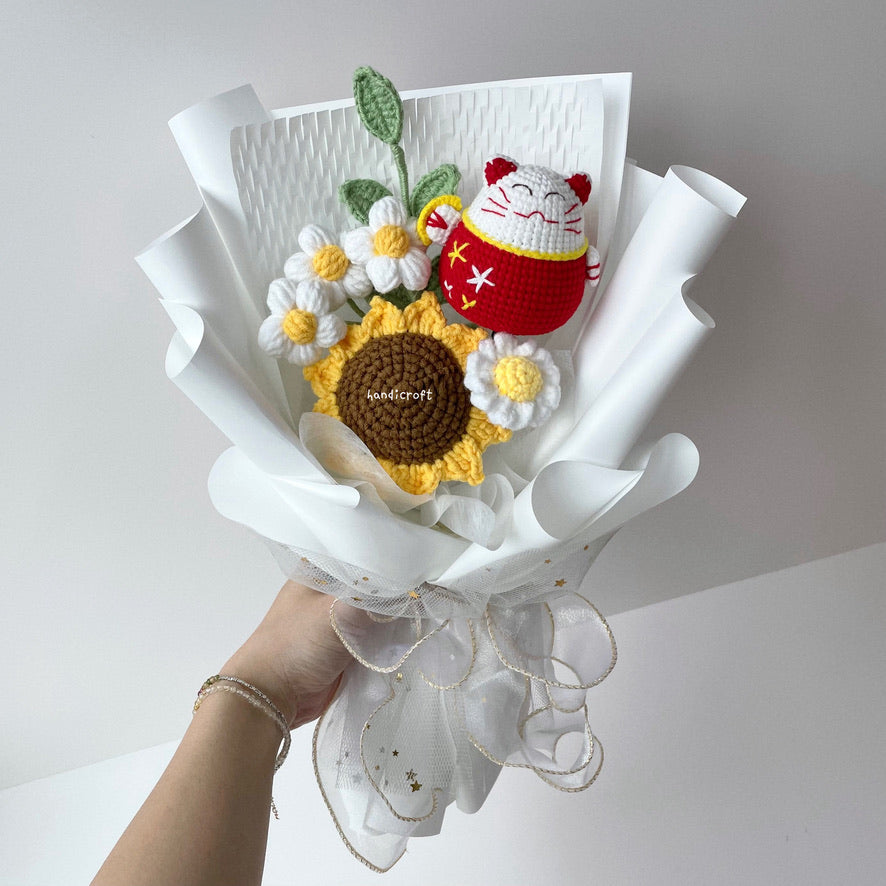 handicroft handmade crochet maneki-neko sunflower bouquet sunshine & fortune