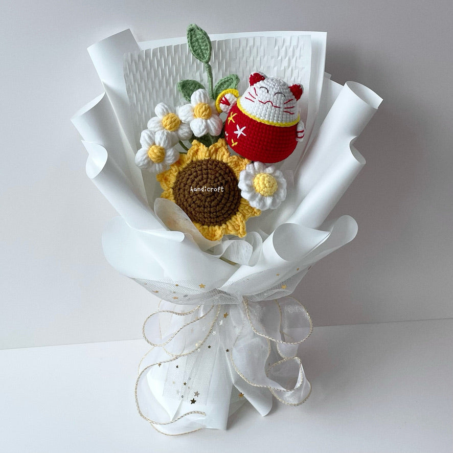 handicroft handmade crochet maneki-neko sunflower bouquet sunshine & fortune