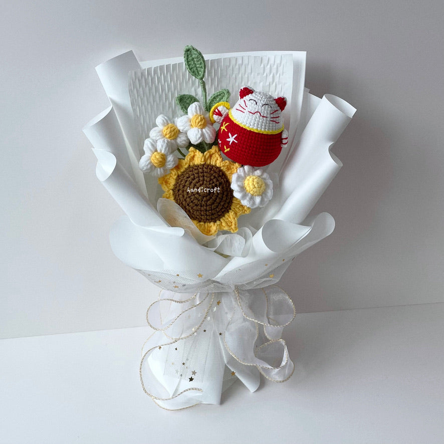 handicroft handmade crochet maneki-neko sunflower bouquet sunshine & fortune