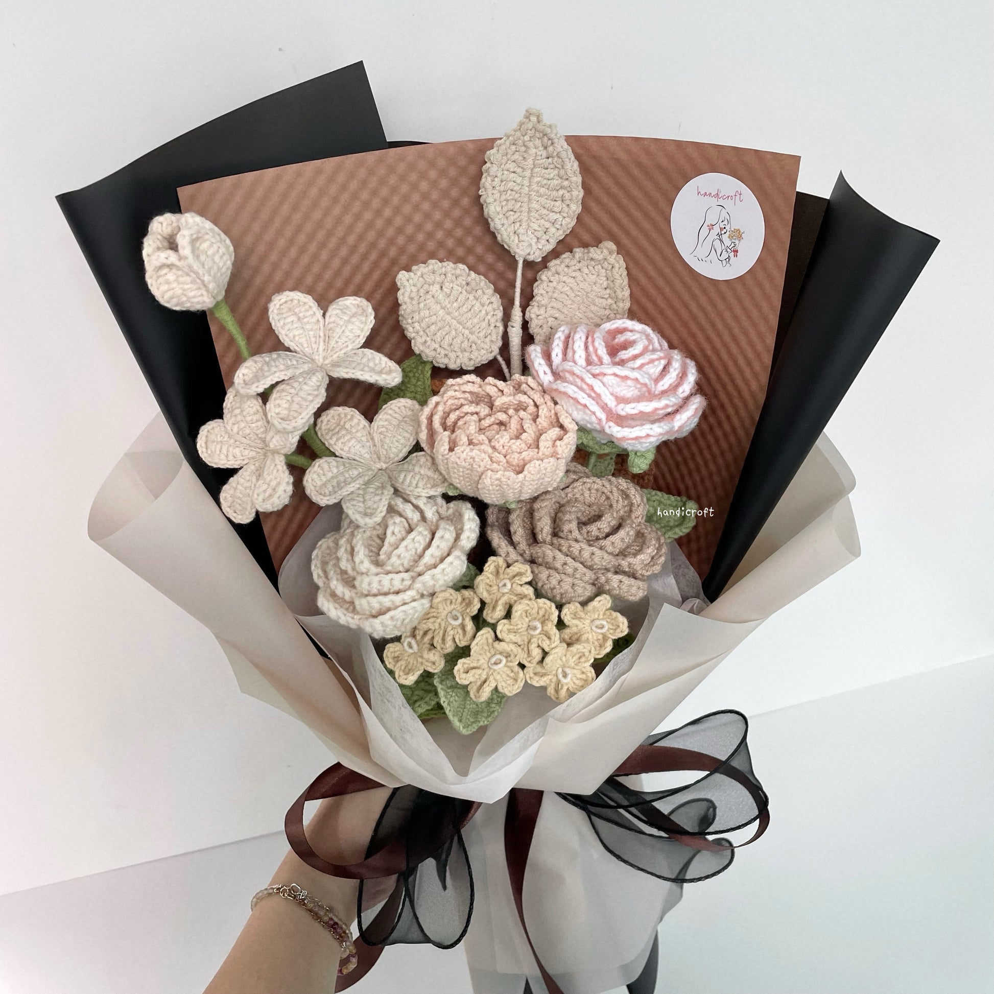 handicroft handmade crochet milk tea beige almond flower bouquet classic milk tea