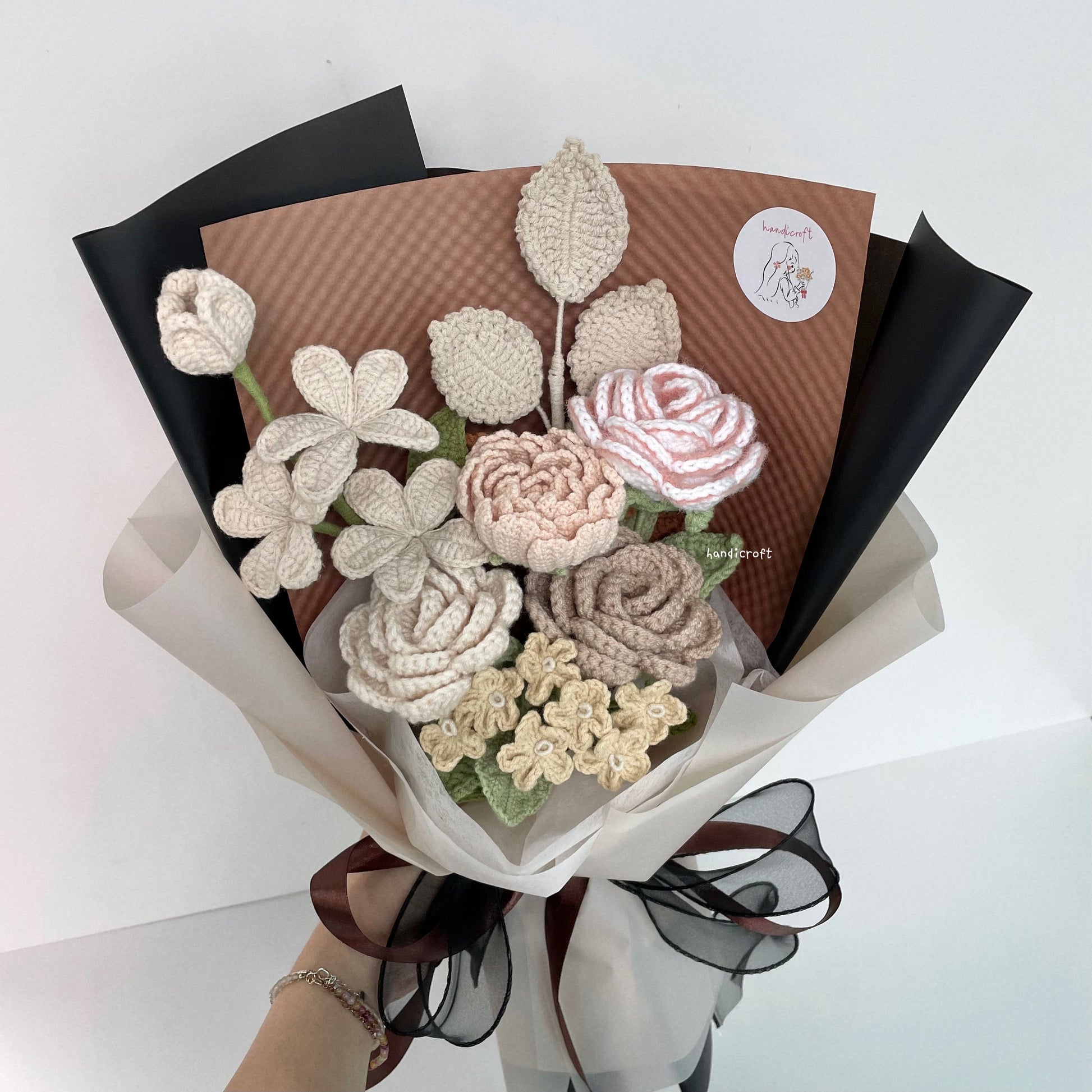 handicroft handmade crochet milk tea beige almond flower bouquet classic milk tea