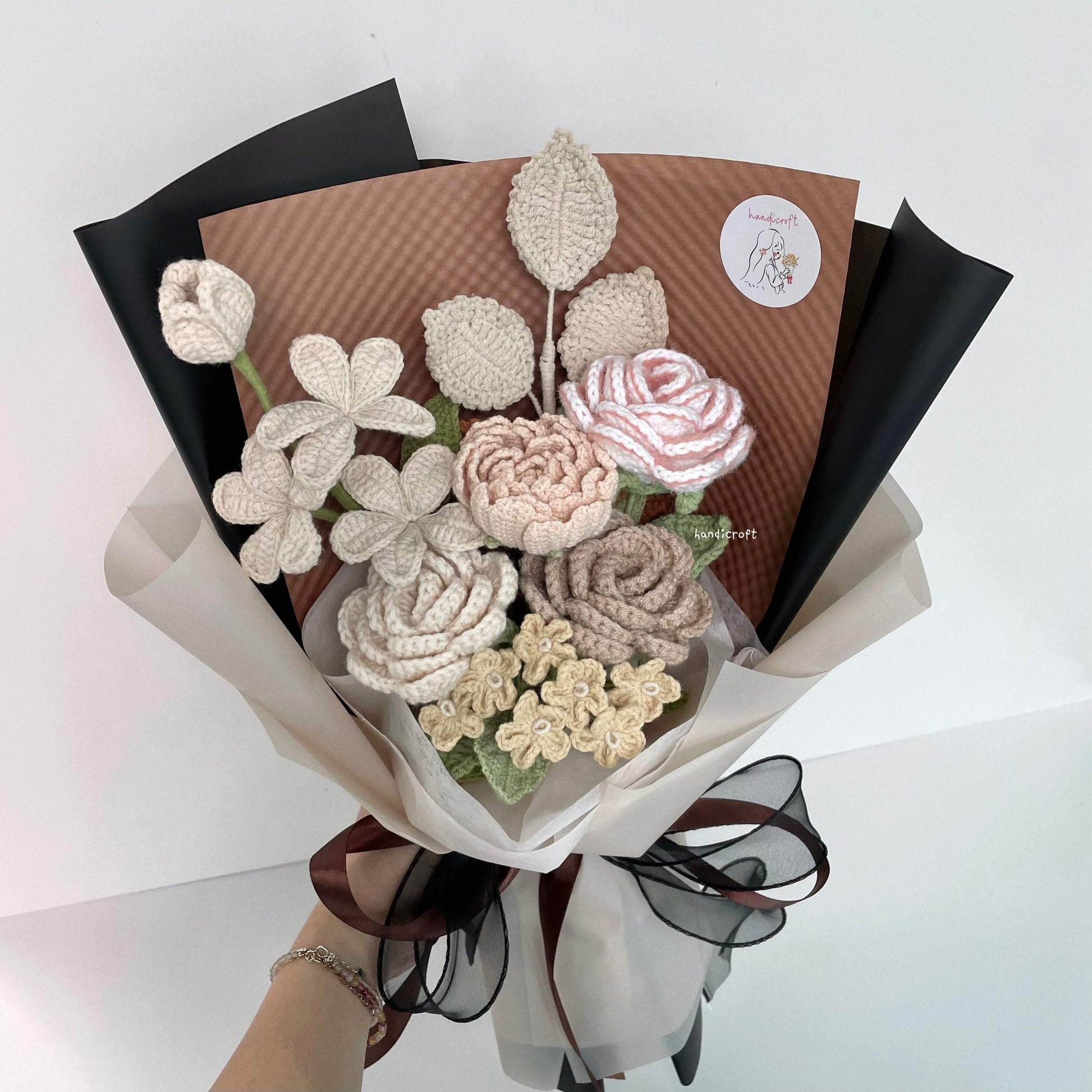 handicroft handmade crochet milk tea beige almond flower bouquet classic milk tea