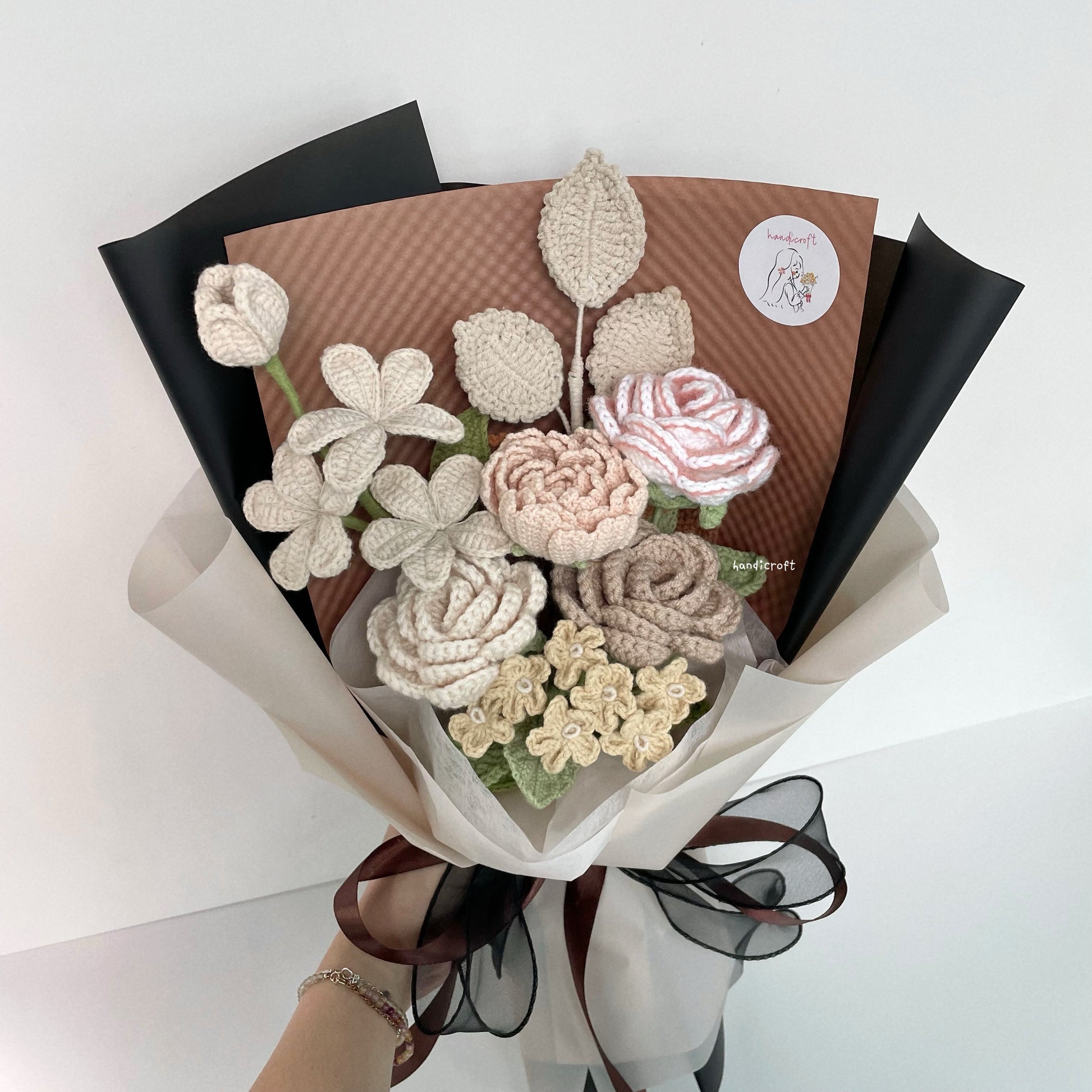 handicroft handmade crochet milk tea beige almond flower bouquet classic milk tea