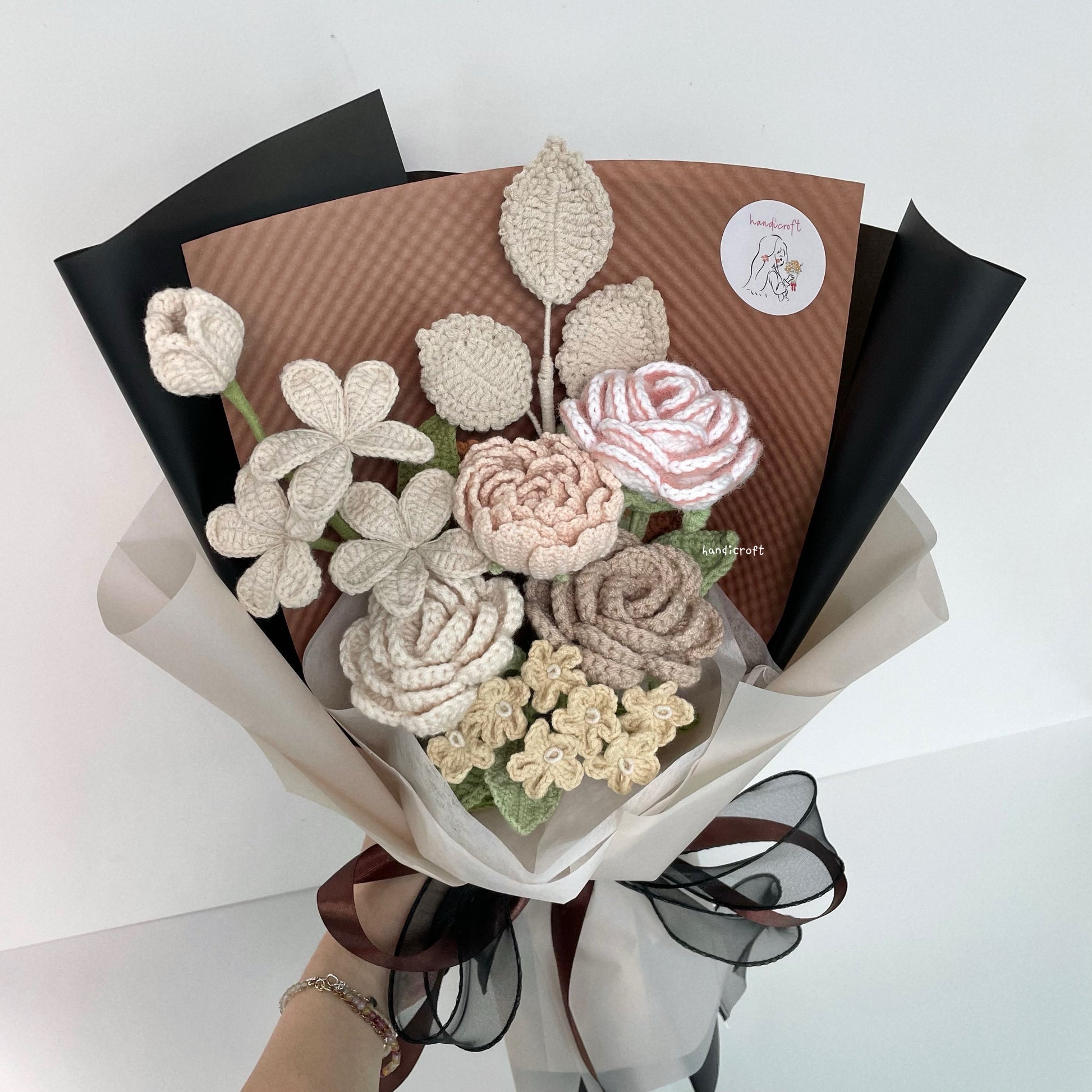 handicroft handmade crochet milk tea beige almond flower bouquet classic milk tea