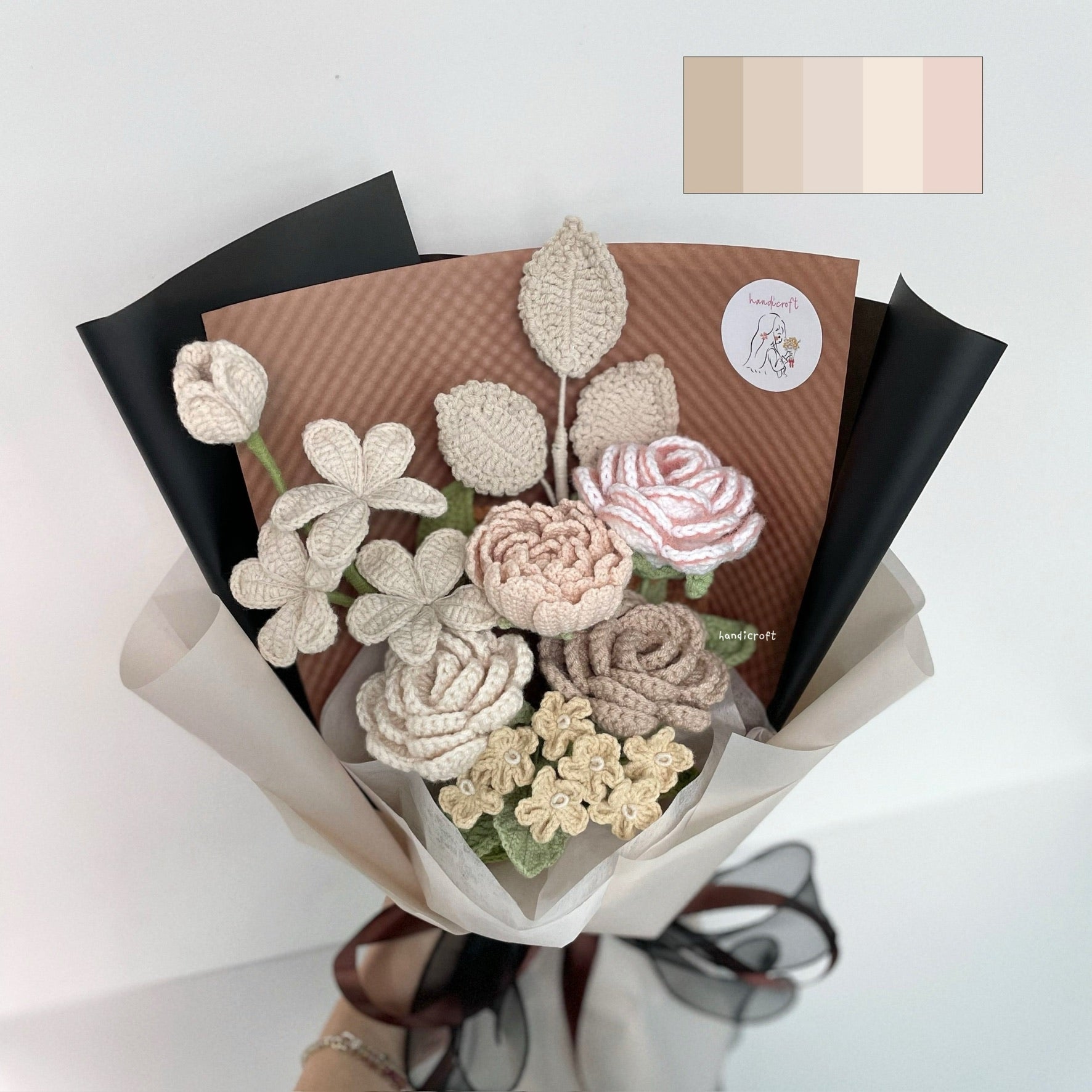 handicroft handmade crochet milk tea beige almond flower bouquet classic milk tea