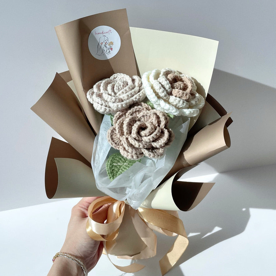 handicroft handmade crochet milk tea roses flower bouquet boba bloom